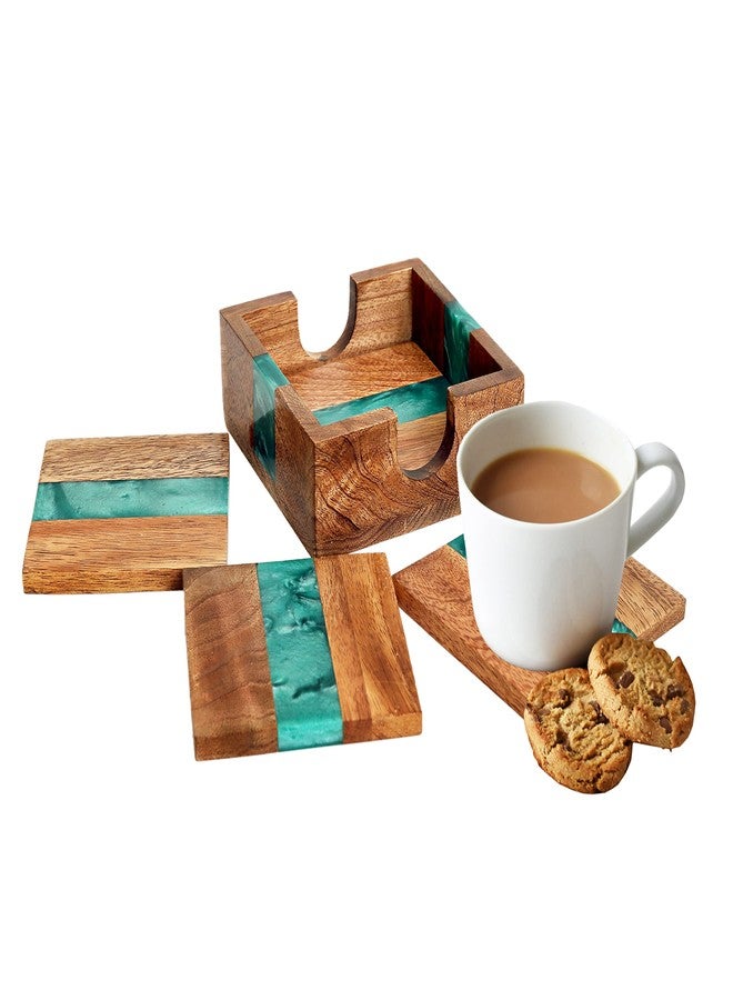 hlc Wooden Coasters Set, Bone Inlay Coaster, Authentic Designer Home Decor Set (4 pc Set, with Holder) (Sea Green) - Image 1