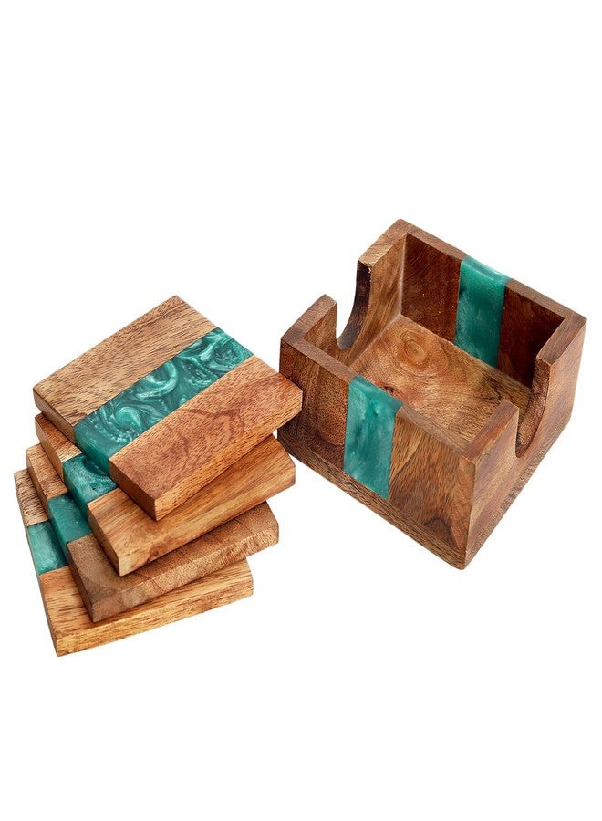 hlc Wooden Coasters Set, Bone Inlay Coaster, Authentic Designer Home Decor Set (4 pc Set, with Holder) (Sea Green) - Image 3
