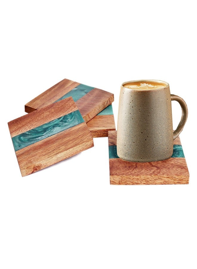 hlc Wooden Coasters Set, Bone Inlay Coaster, Authentic Designer Home Decor Set (4 pc Set, with Holder) (Sea Green) - Image 2