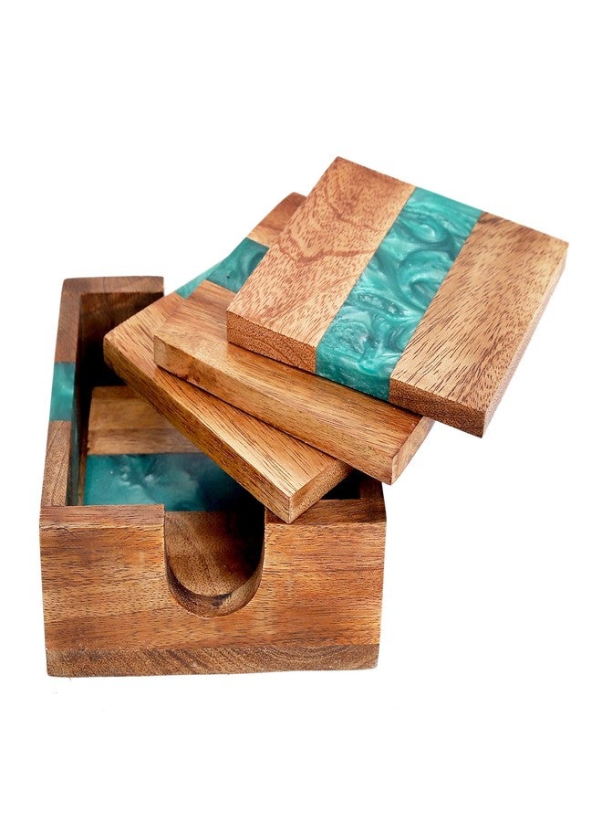 hlc Wooden Coasters Set, Bone Inlay Coaster, Authentic Designer Home Decor Set (4 pc Set, with Holder) (Sea Green) - Image 5