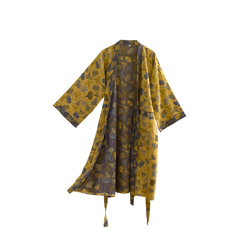 Purefair 100% Cotton Gauze Ginkgo Leaf Kimono Robe, Long Knit Loose Bathrobe Nightgown Ladies Loungewear Sleepwear for Women - Image 1