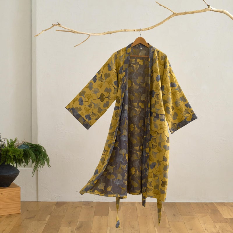 Purefair 100% Cotton Gauze Ginkgo Leaf Kimono Robe, Long Knit Loose Bathrobe Nightgown Ladies Loungewear Sleepwear for Women - Image 2