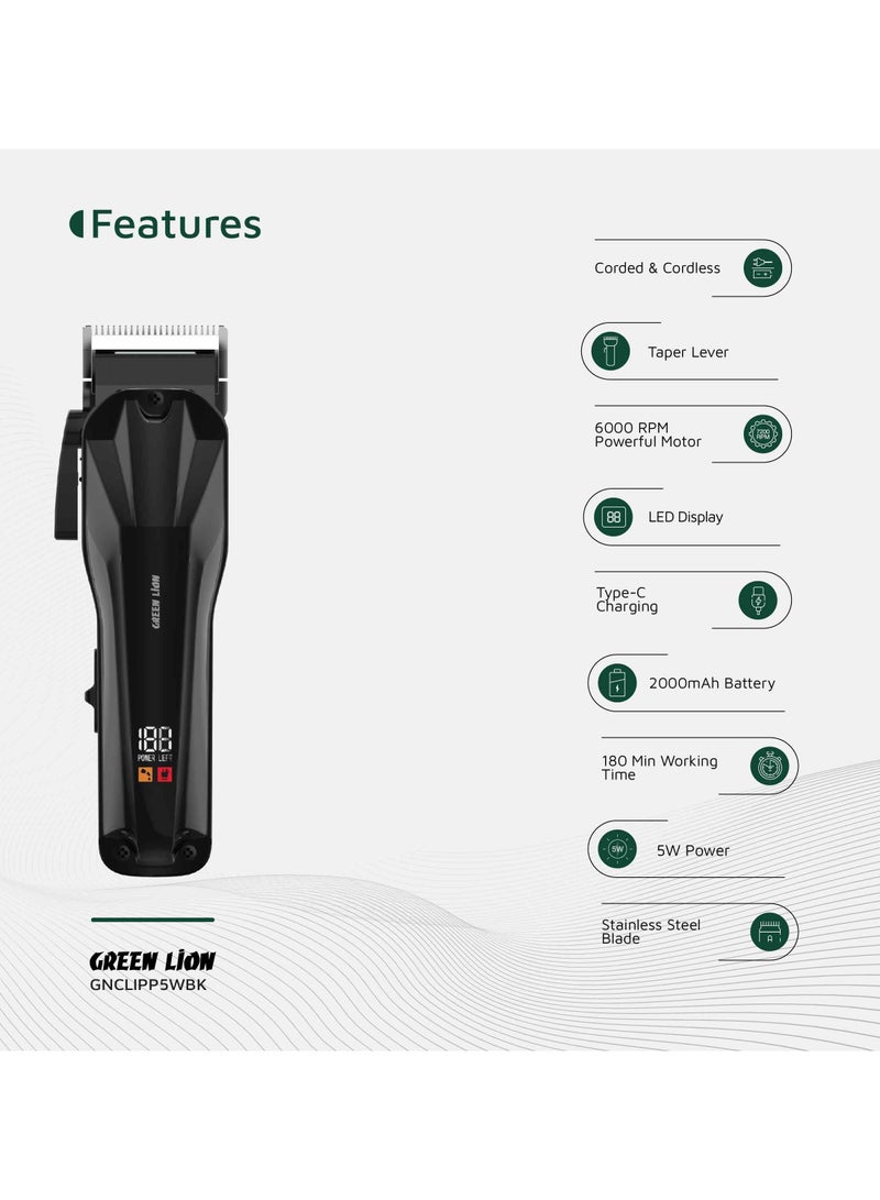 GREEN LION Clip Pro the Professional Hair Clipper 5W with 6000 RPM Powerful Motor & Stainless-Steel Blade / 180 min Working Time / Corded & Cordless / Taper lever / LED Display / ABS + PC Material - Black - Image 2