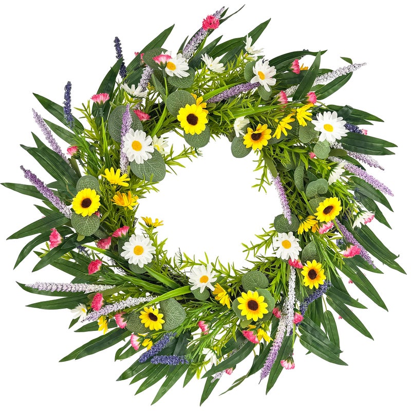 DEVONWIDE 20 inch Daisy and Lavender Wreath, Artificial Spring and Summer Wreath for Front Door, Wall, Porch, Window, Wedding Festival Farmhouse Holiday Decor - Image 1