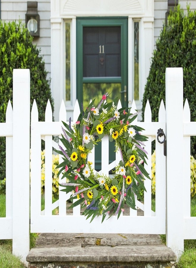 DEVONWIDE 20 inch Daisy and Lavender Wreath, Artificial Spring and Summer Wreath for Front Door, Wall, Porch, Window, Wedding Festival Farmhouse Holiday Decor - Image 3