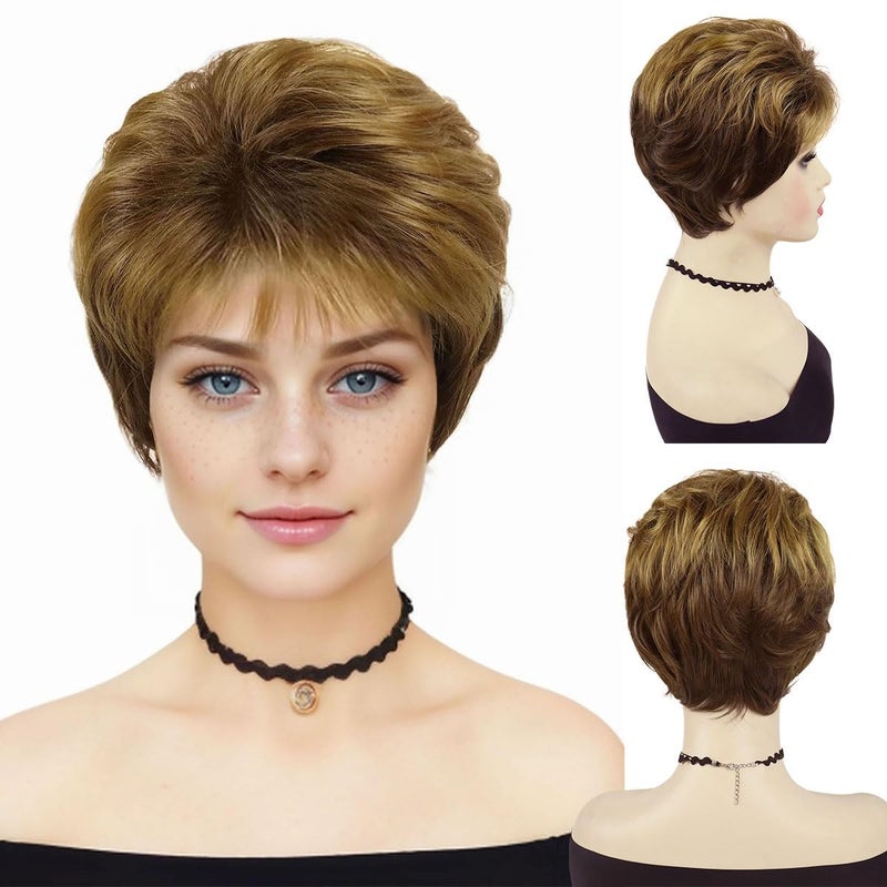 GNIMEGIL Golden Brown Wigs Short Curly Hair with Bangs Daily Party Wigs for White Women Wig Costume Natural Looking Synthetic WigGolden Brown