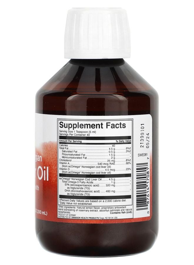 SWANSON Pristine Norwegian Cod Liver Oil Liquid 6.7 fl oz (200 ml) - Image 2