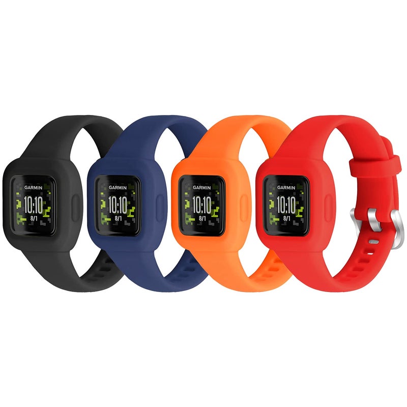 Vanet 4 Pack Compatible with Garmin Vivofit Jr 3 Bands for Kids, Soft Silicone Sport Breathable Bands Adjustable Replacement for Girls Boys, Black/Navy/Red/Orange - Image 1