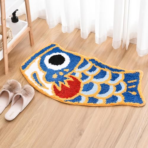 Feblilac Cute Fish Bath Mat For Bathroom, Japanese Koi Flag Soft Water Absorbent, Non-Slip, Machine Washable (Blue) - Image 1