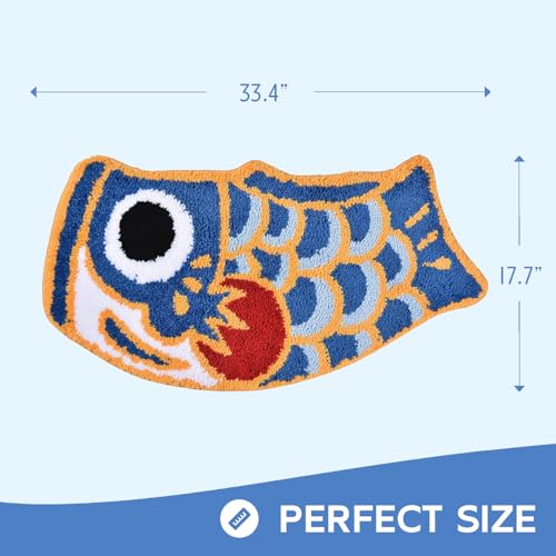 Feblilac Cute Fish Bath Mat For Bathroom, Japanese Koi Flag Soft Water Absorbent, Non-Slip, Machine Washable (Blue) - Image 2