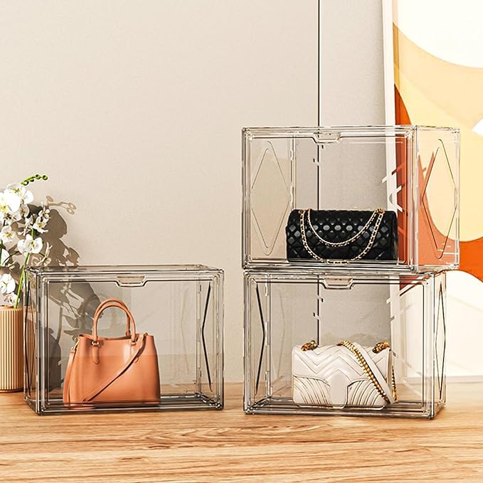 BLURISM BLURISM Clear Handbag Storage Organizers for Closet Plastic Acrylic Handbag Purse Shoes Toy Display Case Anti Dust Luxury Stackable Bag Container Box with Magnetic Door for Pocketbook Set of 3  - Image 3