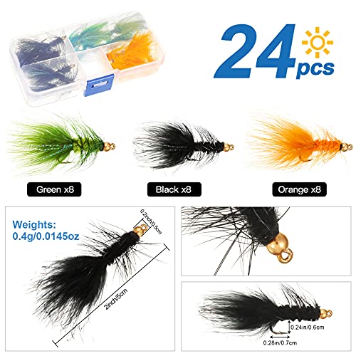 Sumind 24 Pieces Woolly Bugger Streamer Fly Fishing Flies Nymph Trout Fly Assortment Streamer Assortment Trout Fishing Flies with Fly Box (Green, Black, Orange) - Image 2