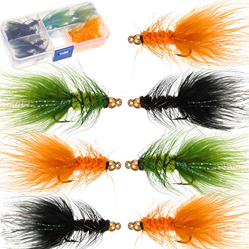 Sumind 24 Pieces Woolly Bugger Streamer Fly Fishing Flies Nymph Trout Fly Assortment Streamer Assortment Trout Fishing Flies with Fly Box (Green, Black, Orange) - Image 1