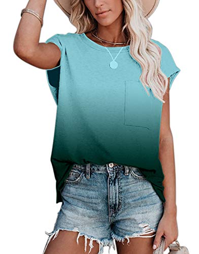 ANCAPELION Women’s Cap Shoulder Shirt Casual Summer Round Neck T-Shirt Basic Tee Tunic Top Fit Loose with Pocket Gradient Green Medium - Image 1