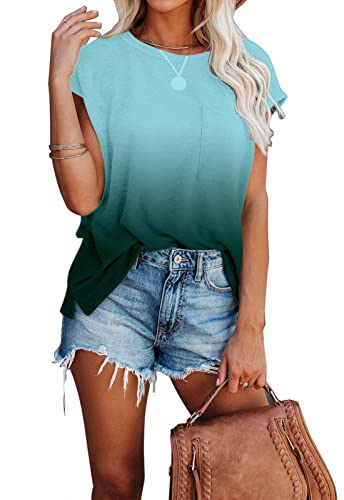 ANCAPELION Women’s Cap Shoulder Shirt Casual Summer Round Neck T-Shirt Basic Tee Tunic Top Fit Loose with Pocket Gradient Green Medium - Image 2