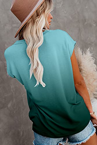 ANCAPELION Women’s Cap Shoulder Shirt Casual Summer Round Neck T-Shirt Basic Tee Tunic Top Fit Loose with Pocket Gradient Green Medium - Image 3