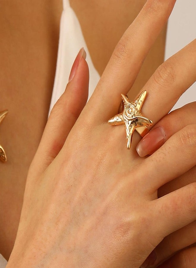 OIDIMS Vintage Starfish Statement Ring for Women Gold-Tone-Tone Stainless Steel Fashion Adjustable Ocean Sea Style Open Wrap Finger Rings Comfort Fit Chic Holiday Summer Party Jewelry Dainty Gift - Image 2