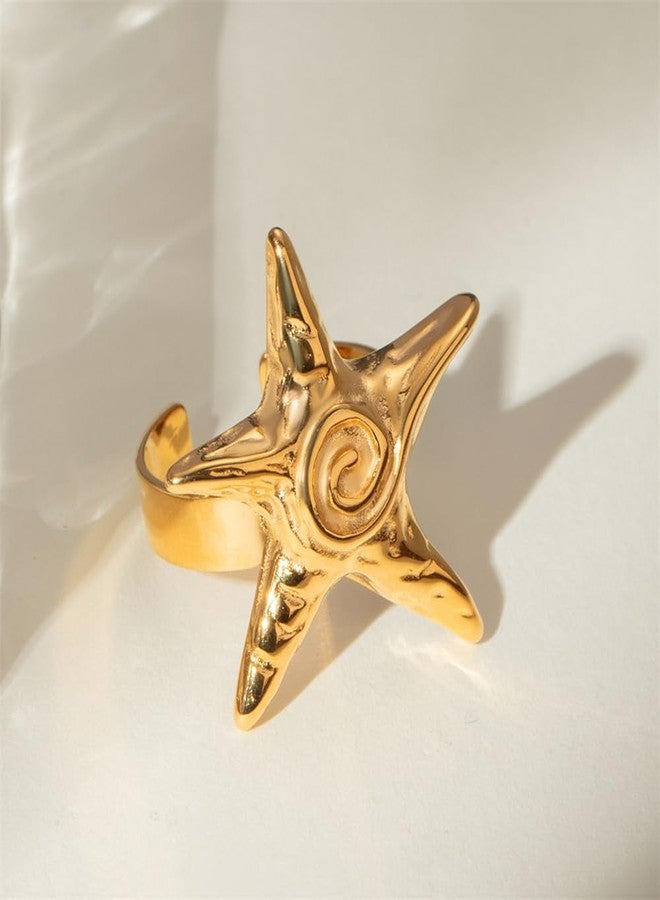 OIDIMS Vintage Starfish Statement Ring for Women Gold-Tone-Tone Stainless Steel Fashion Adjustable Ocean Sea Style Open Wrap Finger Rings Comfort Fit Chic Holiday Summer Party Jewelry Dainty Gift - Image 5