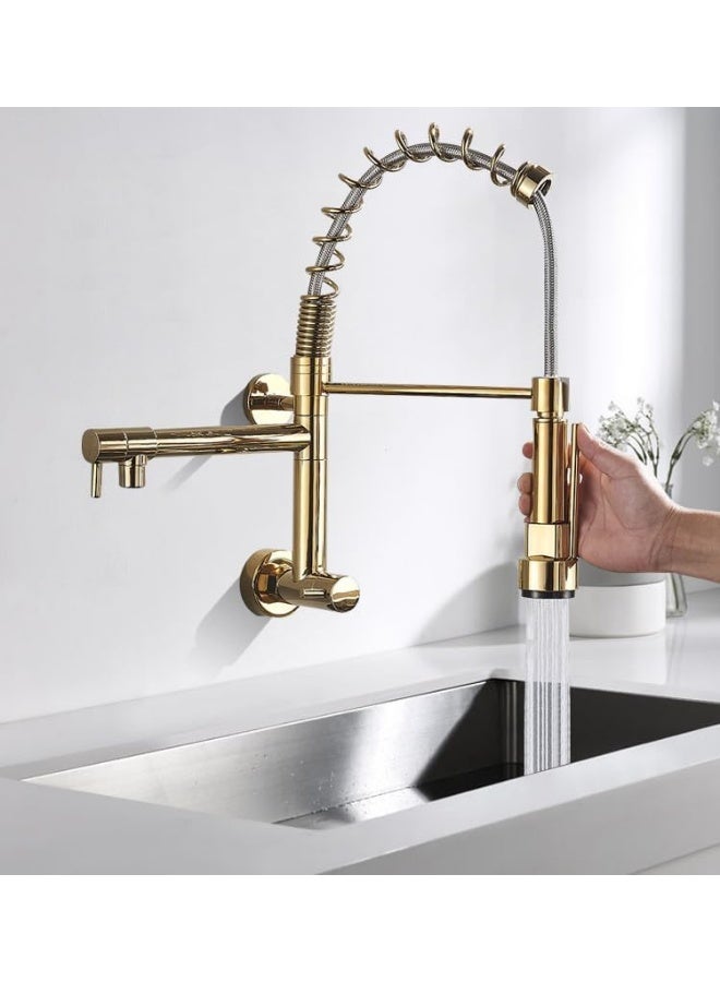 YD Professional Dual-Spout Kitchen Sink Faucet with Pre-Rinse Spring Sprayer and Swivel Pot Filler - Industrial Grade Wall-Mount Faucet for Modern Home & Commercial Kitchens - High-Pressure Tap System - Image 2