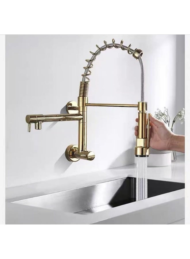 YD Professional Dual-Spout Kitchen Sink Faucet with Pre-Rinse Spring Sprayer and Swivel Pot Filler - Industrial Grade Wall-Mount Faucet for Modern Home & Commercial Kitchens - High-Pressure Tap System - Image 1