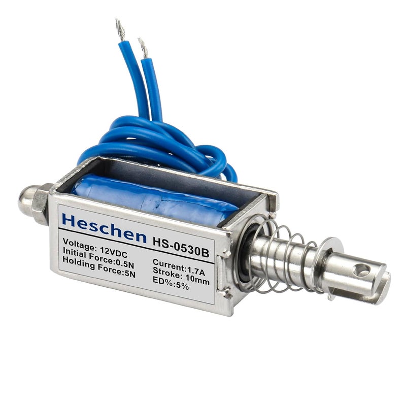 Heschen DC Solenoid Electromagnet, Push Pull Type, HS-0530B, DC12V 1.7A, 10mm Stroke, Initial Force 0.5N, Max Keep Force 5N, Open Frame, Linear Motion - Image 1