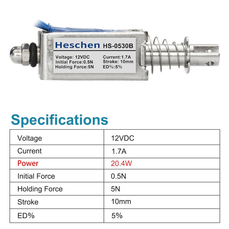 Heschen DC Solenoid Electromagnet, Push Pull Type, HS-0530B, DC12V 1.7A, 10mm Stroke, Initial Force 0.5N, Max Keep Force 5N, Open Frame, Linear Motion - Image 3