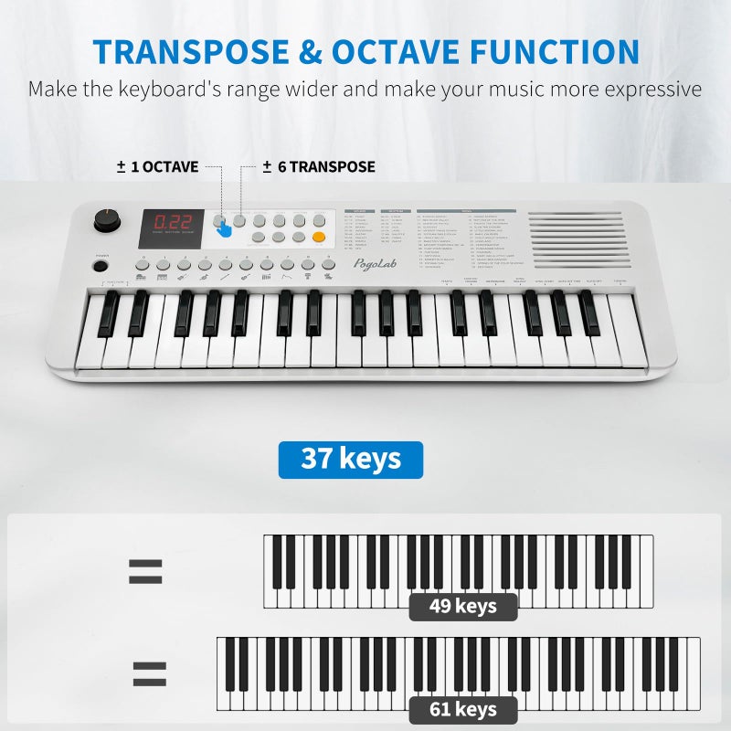 POGOLAB MK1 37 Keys Kids Keyboard Piano, Mini Portable Multi-Function Piano with Excellent Sound Quality, Built-In Speaker & LED Display, Small Electric Music Keyboard Gift for Beginners (White) - Image 4