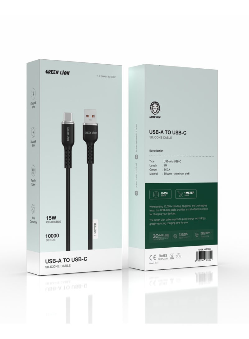 GREEN LION USB-A TO USB-C Silicone Cable / 15W Current / High Transfer Speed / Secure & Safe / Charge & Sync / 10,000 Bends / Wide Compatible / Long Length Cable - Black - Image 2