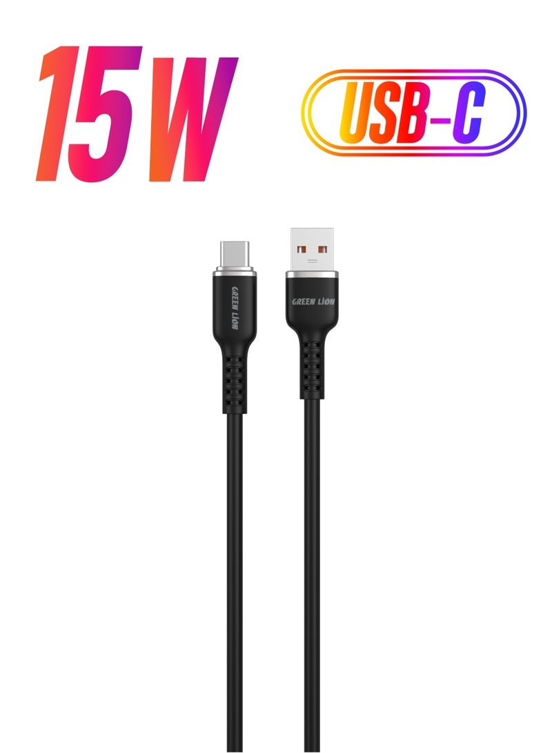 GREEN LION USB-A TO USB-C Silicone Cable / 15W Current / High Transfer Speed / Secure & Safe / Charge & Sync / 10,000 Bends / Wide Compatible / Long Length Cable - Black - Image 1