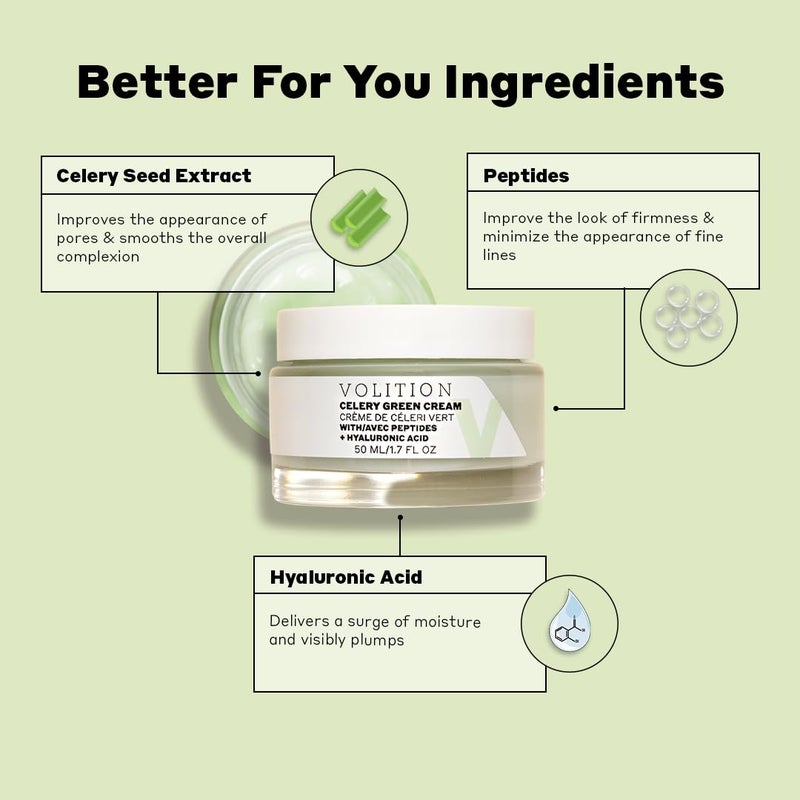 Volition Beauty Celery Green Cream with Peptides + Hyaluronic Acid | Oil-Free Facial Moisturizer for Normal to Combination Skin | Minimizes Pores, Improves Firmness & Reduces Wrinkles (1.7 fl oz) - Image 2