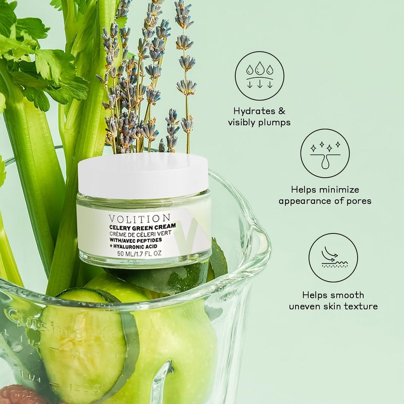 Volition Beauty Celery Green Cream with Peptides + Hyaluronic Acid | Oil-Free Facial Moisturizer for Normal to Combination Skin | Minimizes Pores, Improves Firmness & Reduces Wrinkles (1.7 fl oz) - Image 3