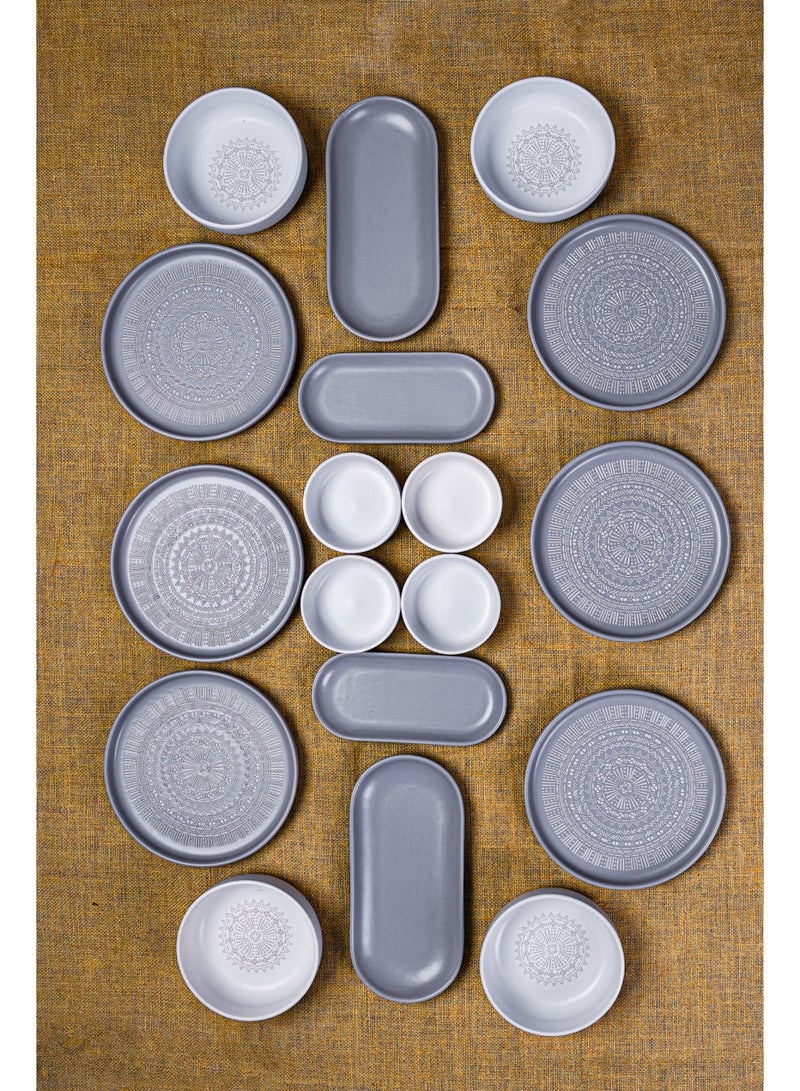Noon East 18 Piece Stoneware Breakfast Set | Serves 6 | 6 Salad Plates, 2 x16cm Oval Plates, 2 x 10cm Oval Plates, 4 x 10cm Small Bowls, 4 x 13cm Big Bowls | Dishwasher and Microwave Safe | Grey Design - Image 1