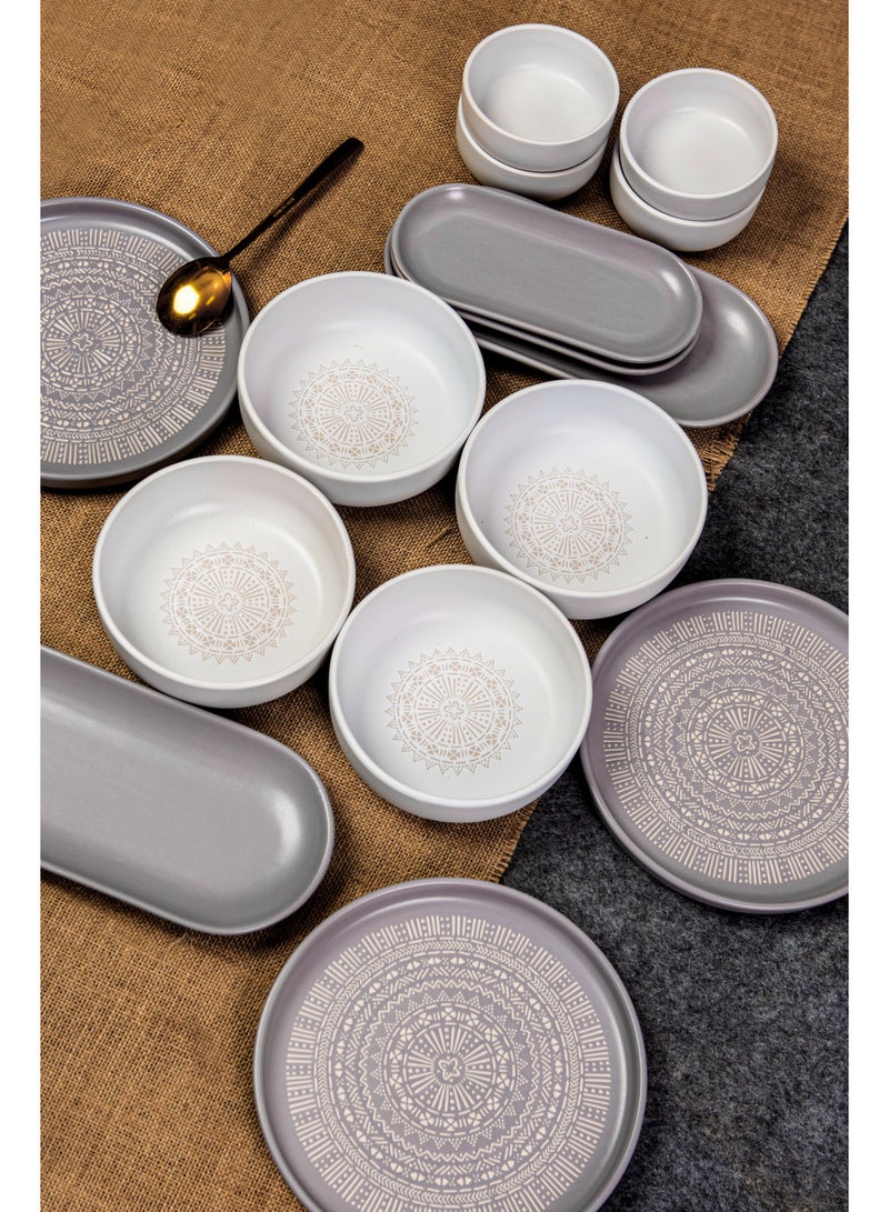 Noon East 18 Piece Stoneware Breakfast Set | Serves 6 | 6 Salad Plates, 2 x16cm Oval Plates, 2 x 10cm Oval Plates, 4 x 10cm Small Bowls, 4 x 13cm Big Bowls | Dishwasher and Microwave Safe | Grey Design - Image 3