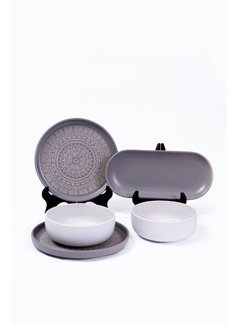 Noon East 18 Piece Stoneware Breakfast Set | Serves 6 | 6 Salad Plates, 2 x16cm Oval Plates, 2 x 10cm Oval Plates, 4 x 10cm Small Bowls, 4 x 13cm Big Bowls | Dishwasher and Microwave Safe | Grey Design - Image 4