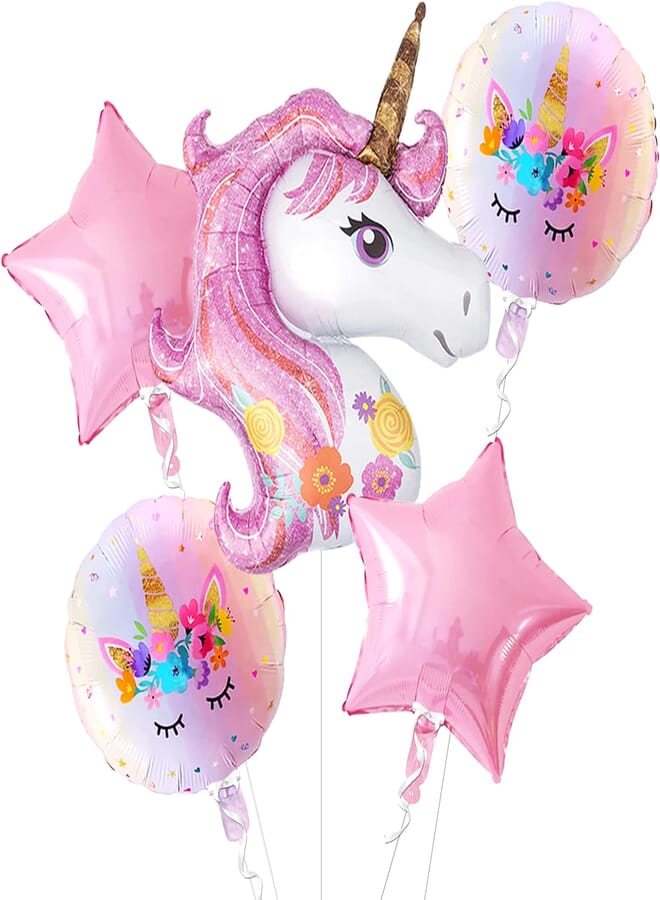 KATCHON Unicorn Balloon Party Supplies Kit - Pack of 5 | Rainbow Unicorn Mylar Foil Balloon - 43 Inch | Rainbow Round and Pink Star Balloon- 18 Inch | Unicorn Theme Decorations for Birthday, Baby Shower