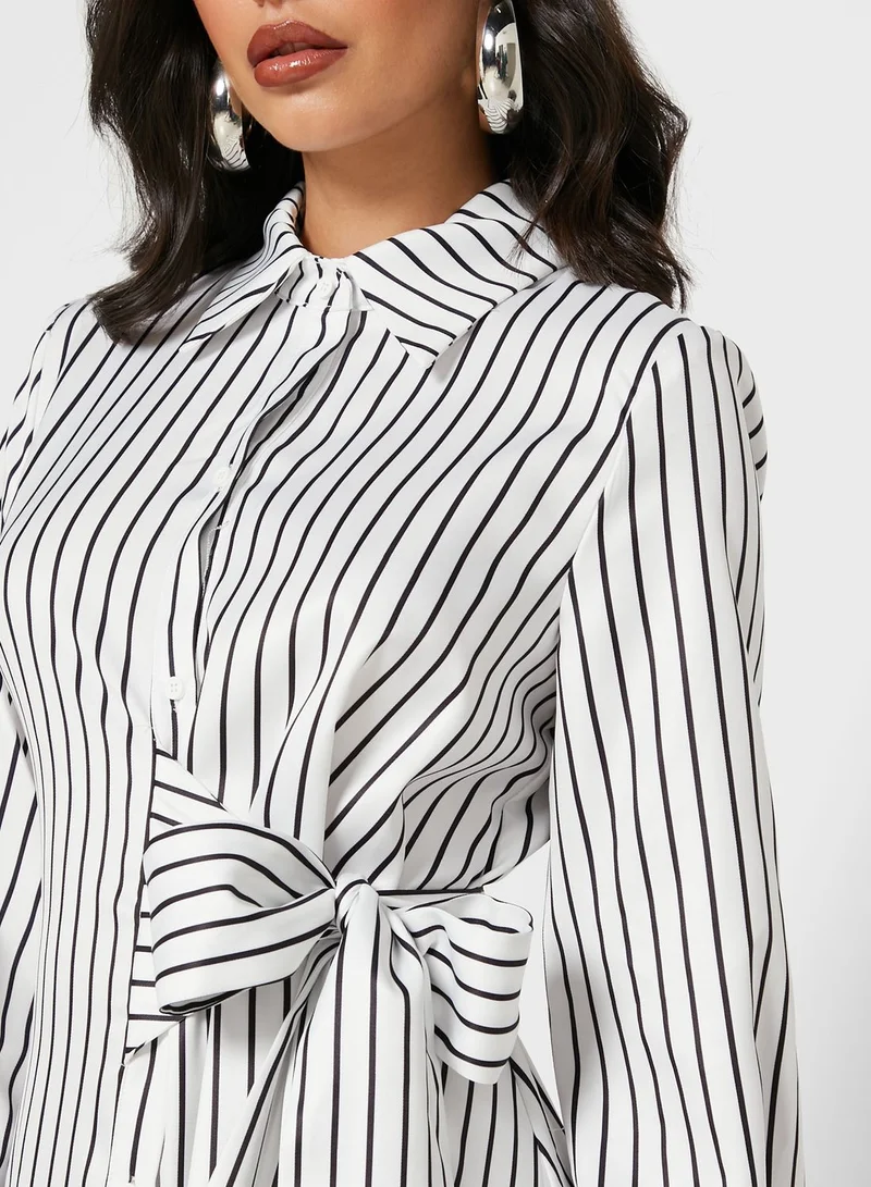 Khizana Striped Tie Waist Shirt Midi Dress