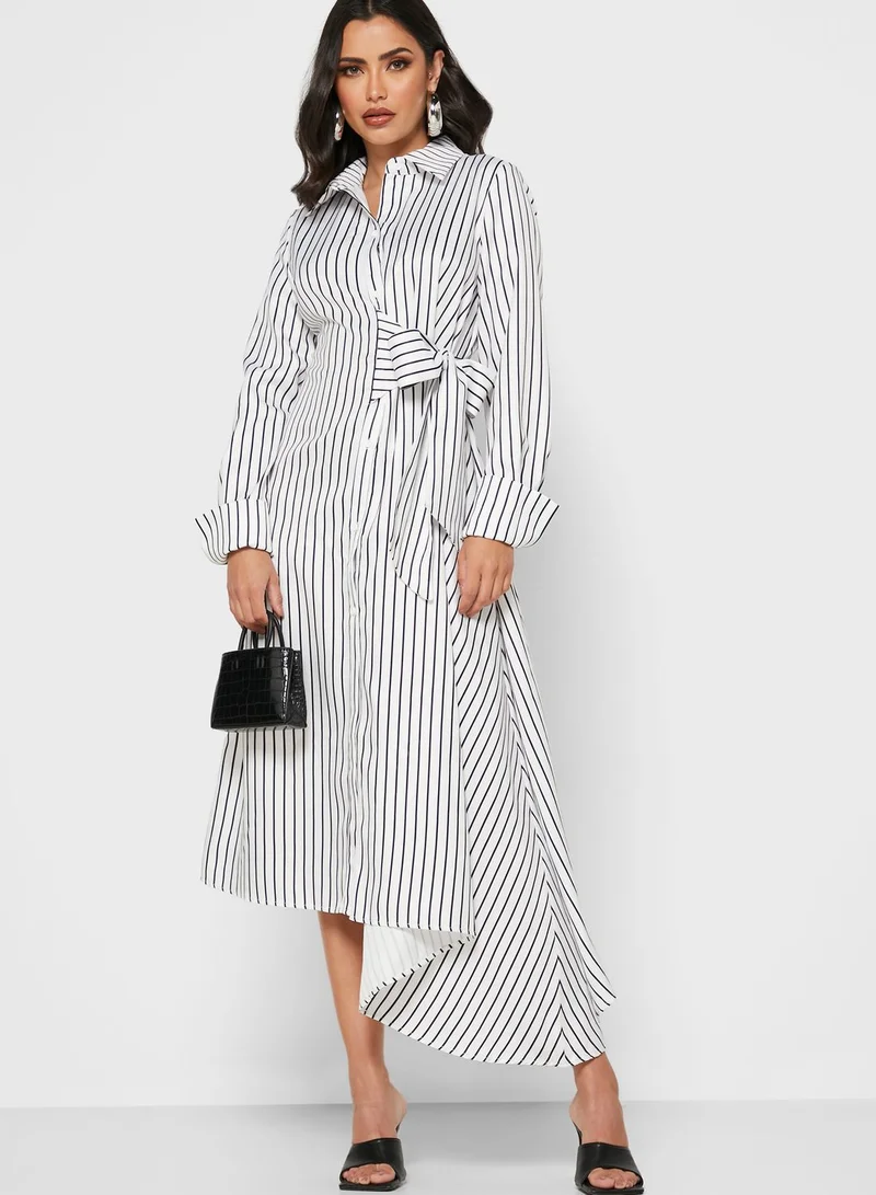 Khizana Striped Tie Waist Shirt Midi Dress