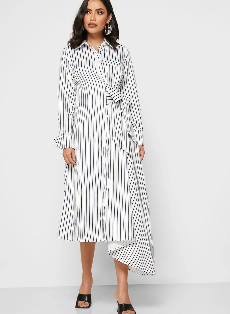 Khizana Striped Tie Waist Shirt Midi Dress