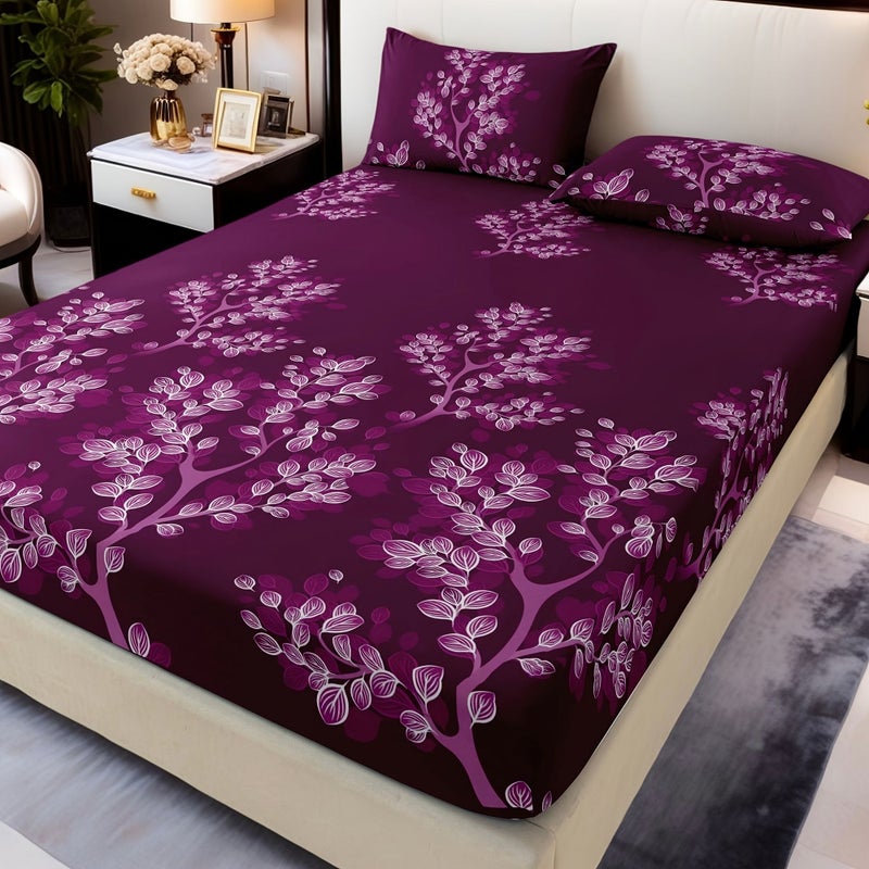3 Pcs Set Light Luxury Fashionable Romantic And High End Roland Purple Vine Pattern Bedding Pillowcases And Fitted Sheet Set For Full Size Bed Soft Skin Friendly Easy Care Snug Fit Easy Mattress Placement - Image 4
