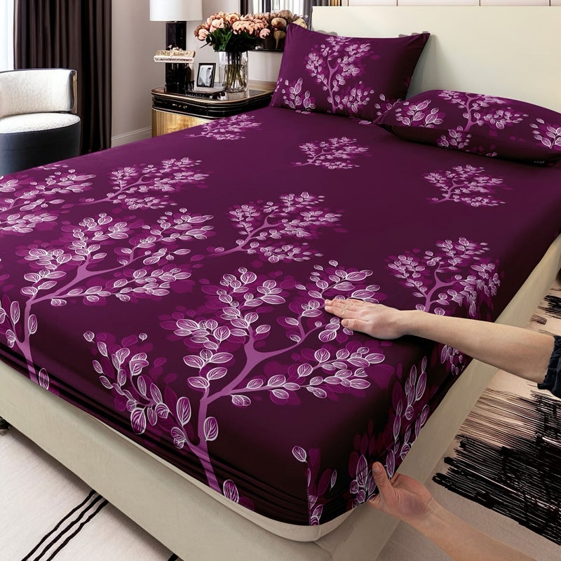 3 Pcs Set Light Luxury Fashionable Romantic And High End Roland Purple Vine Pattern Bedding Pillowcases And Fitted Sheet Set For Full Size Bed Soft Skin Friendly Easy Care Snug Fit Easy Mattress Placement - Image 1