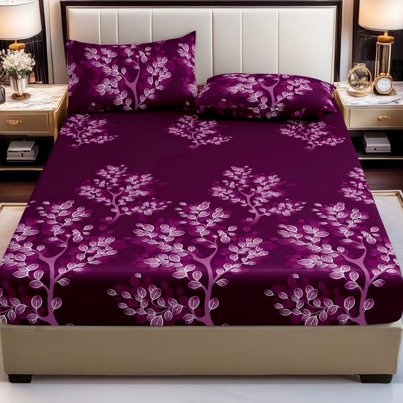 3 Pcs Set Light Luxury Fashionable Romantic And High End Roland Purple Vine Pattern Bedding Pillowcases And Fitted Sheet Set For Full Size Bed Soft Skin Friendly Easy Care Snug Fit Easy Mattress Placement - Image 2