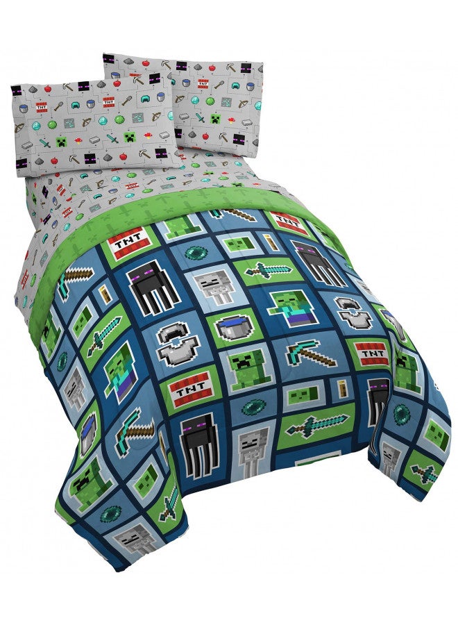 Jay Franco Jay Franco Minecraft Monster Hunters 5 Piece Queen Bed Set - Includes Reversible Comforter & Sheet Set - Bedding Features Creeper - Super Soft Fade Resistant Microfiber (Official Minecraft Product) - Image 1