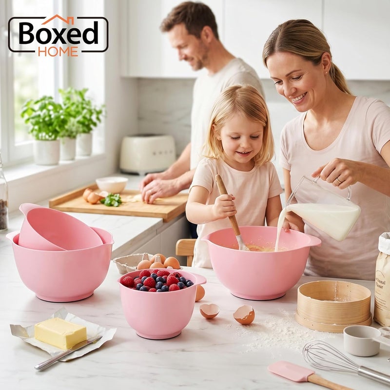 BoxedHome مجموعة أوعية خلط من مكونة من 4 قطع، بلاستيك خالٍ من BPA، وردي فاتح - مع فوهة، قاعدة مانعة للانزلاق ومقبض، قابلة للتكديس، آمنة للاستخدام في غسالة الأطباق والميكروويف، مثالية للخبز والطهي - Image 2