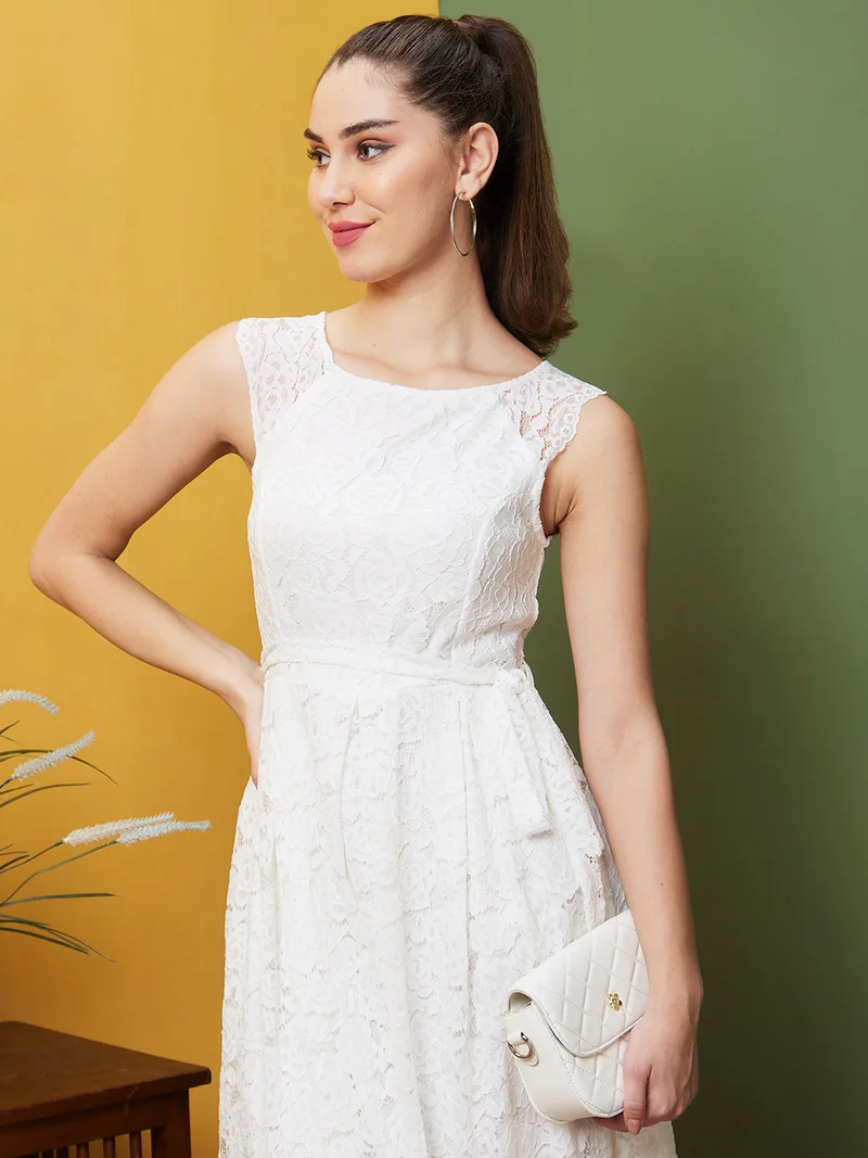globus Women Floral Lace Belted Fit & Flare Party Dress