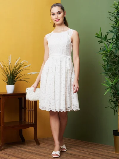 globus Women Floral Lace Belted Fit & Flare Party Dress