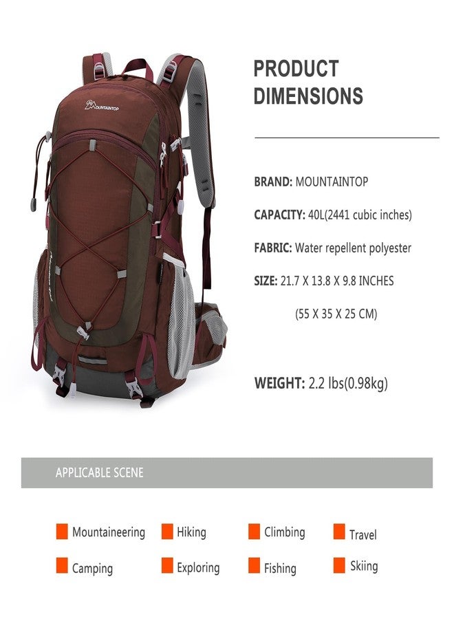 MOUNTAINTOP 40L Hiking Backpack with Rain Covers for Backpacking, Camping, Cycling and Traveling, Maroon - Image 2