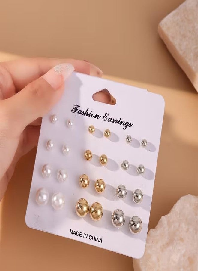Shivarth 12Pairs/Set Faux Pearl Stud Earrings Mixed Size Beads Ear Studs Korean Fashion Drop Earrings Small Simple Round Ball Earrings Tops for Women & Girls - Image 3