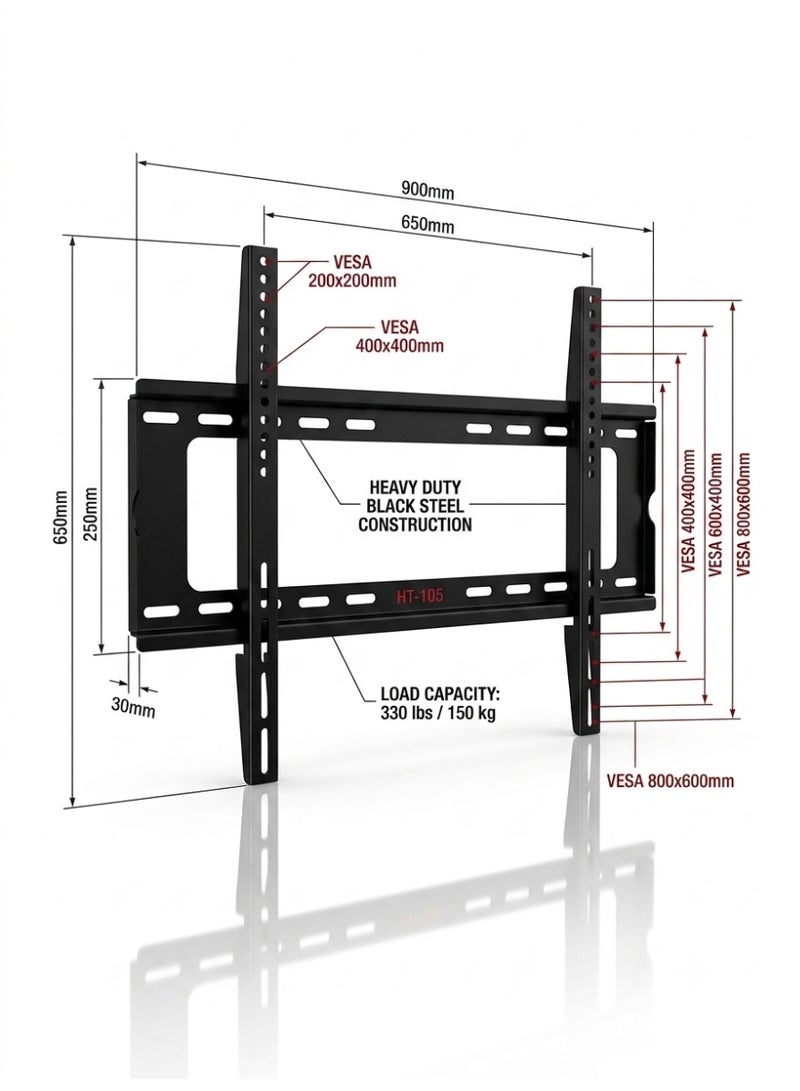 Fixed TV Wall Mount Bracket for 55"–120" Inch Flat Panel LED LCD Plasma TVs, Heavy Duty Low Profile Mount, VESA 200x200 to 800x600mm, Holds up to 150kg/330lbs – Model HT-105 - Image 3