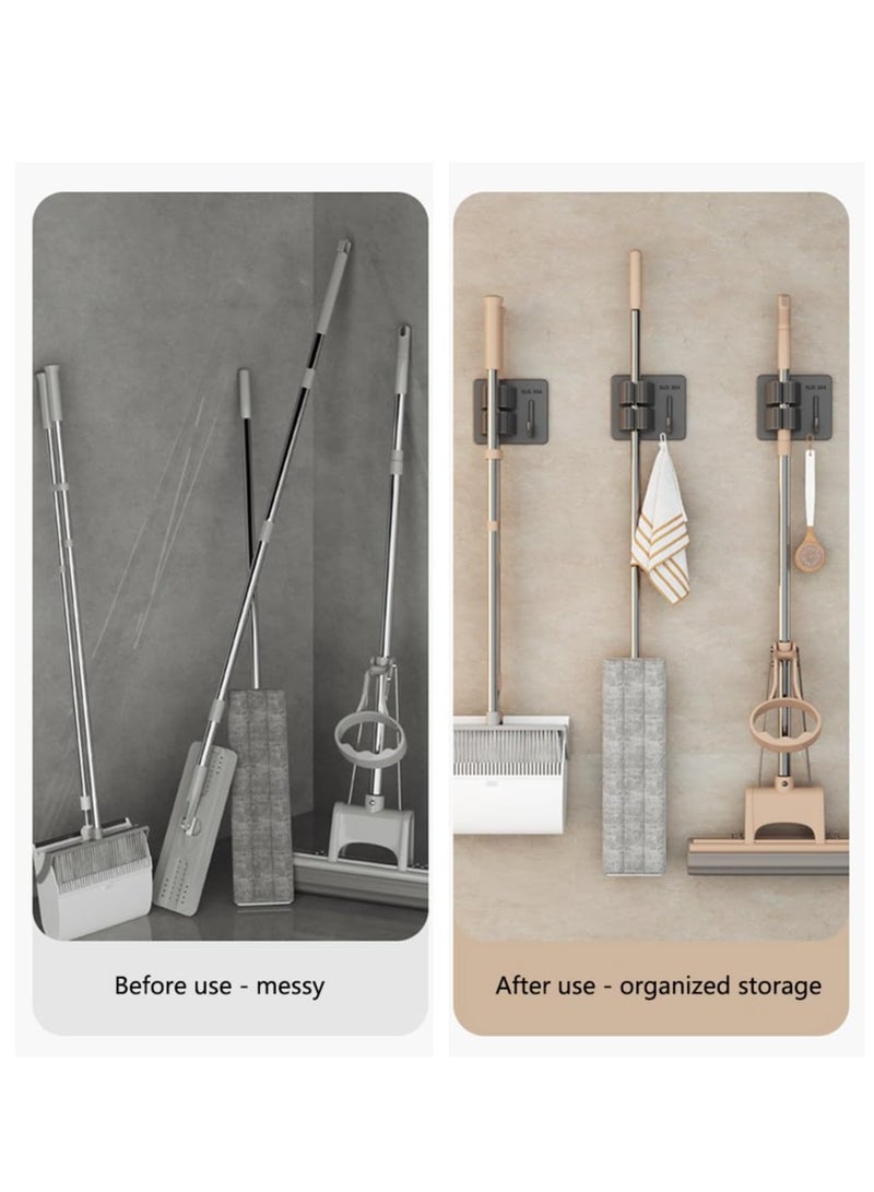 SYOSI Drill-Free Wall Mount Broom Holder, Wall Mounted Garden Tool Rack Organizer for Closet Garage Laundry Room Kitchen Decor With 4 Slots  4 Hooks - Image 3