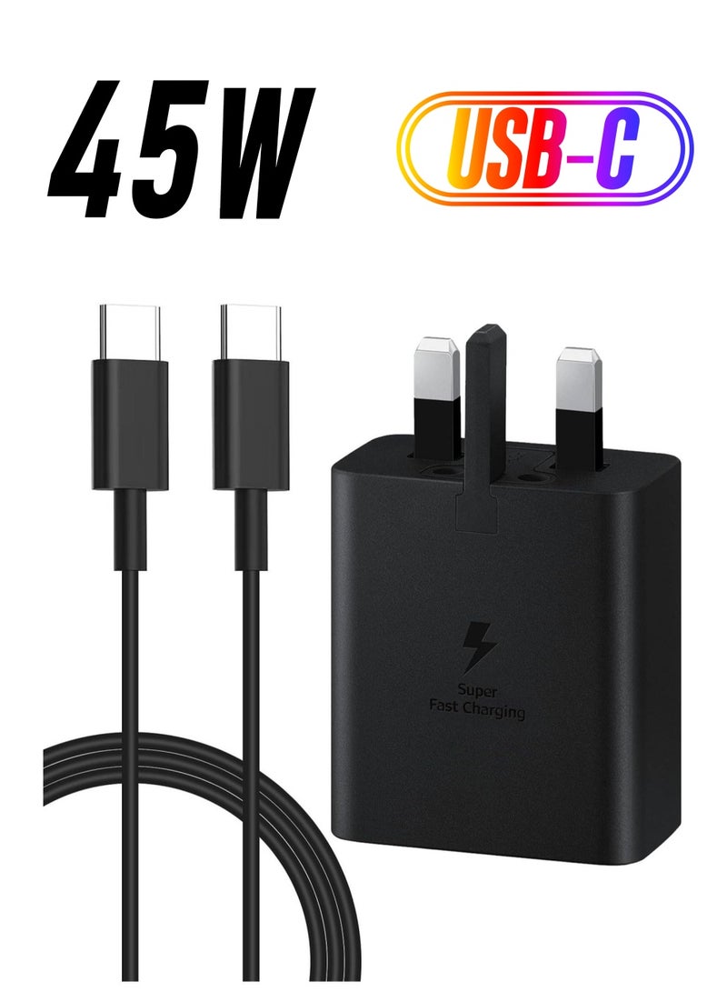 Fast Charger for Samsung Galaxy Charger Head with Charging Cable 45 watts, Travel Adapter, Super-Fast Charging (UK Plug with USB Type-C Cable), Black - Image 1